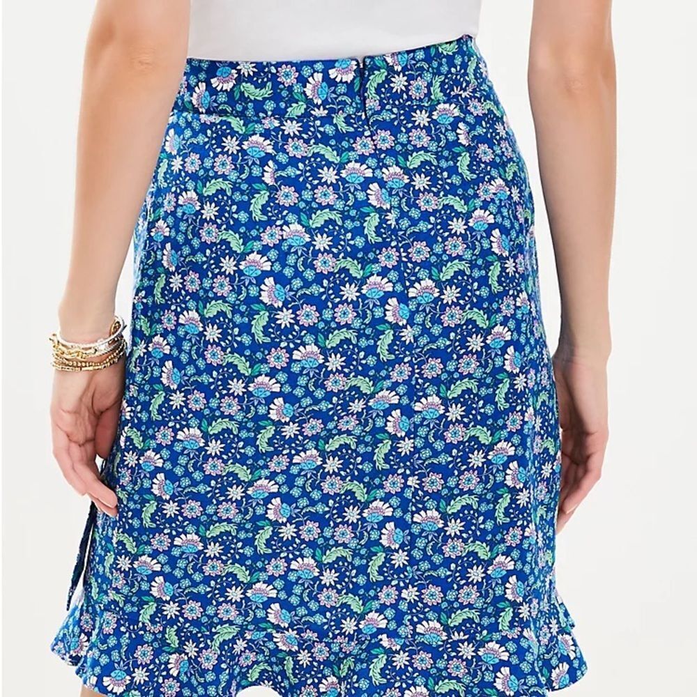 Loft Ann Taylor Floral Ruffle Linen Blend Wrap Skirt Blue Calico Back Zip Sz 14 - Picture 3 of 9
